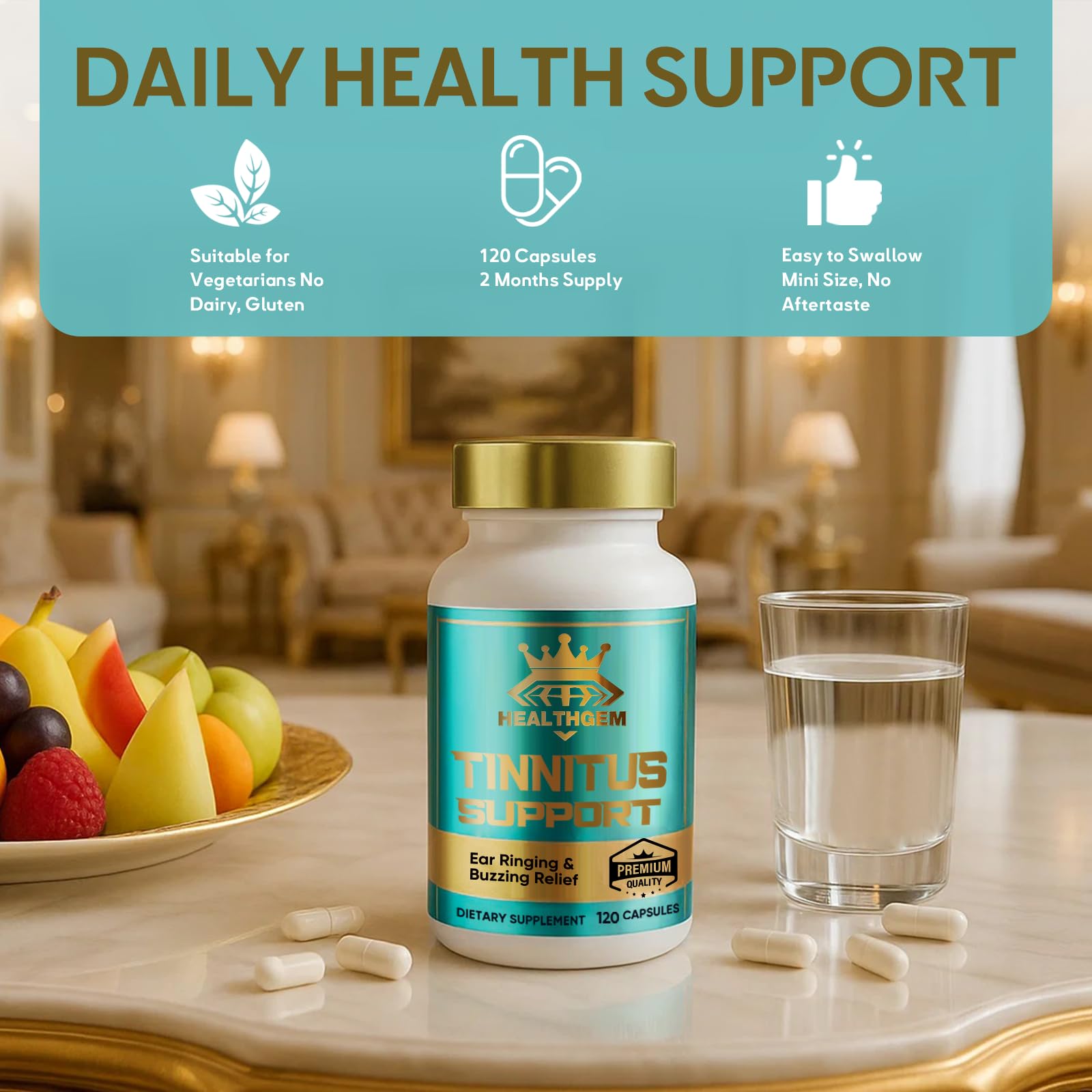 HealthGEM capsules pictured in a daily routine setup with planner.