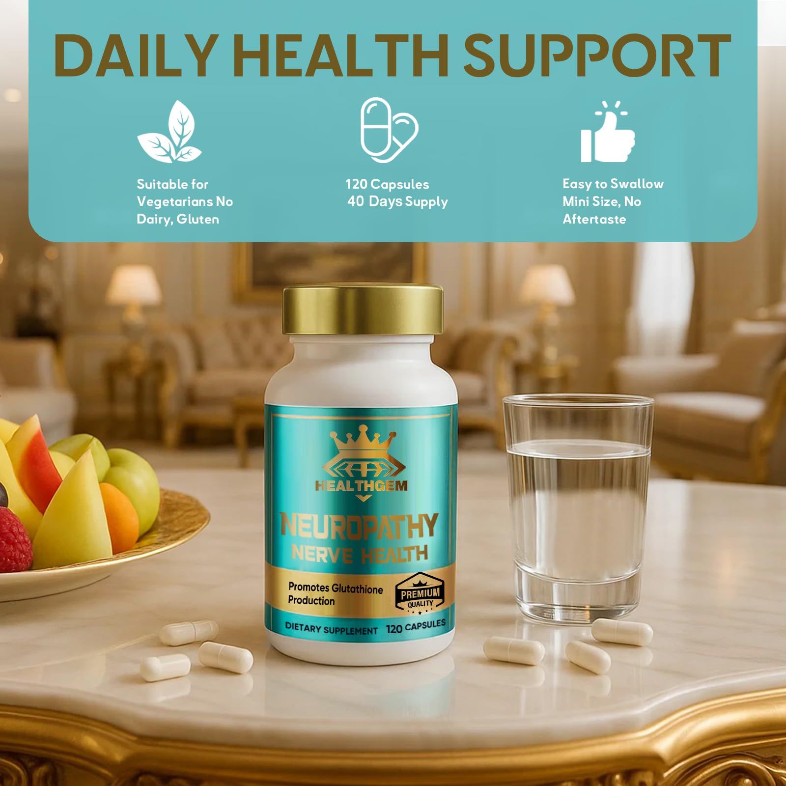 HealthGEM supplement label highlights B vitamins and nutrients for nerves.