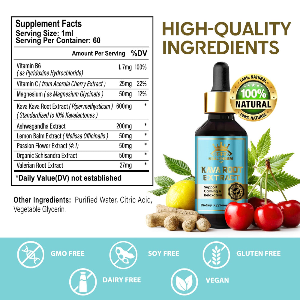 HEALTHGEM Kava Kava Drops label shows vegan, non-GMO formula.