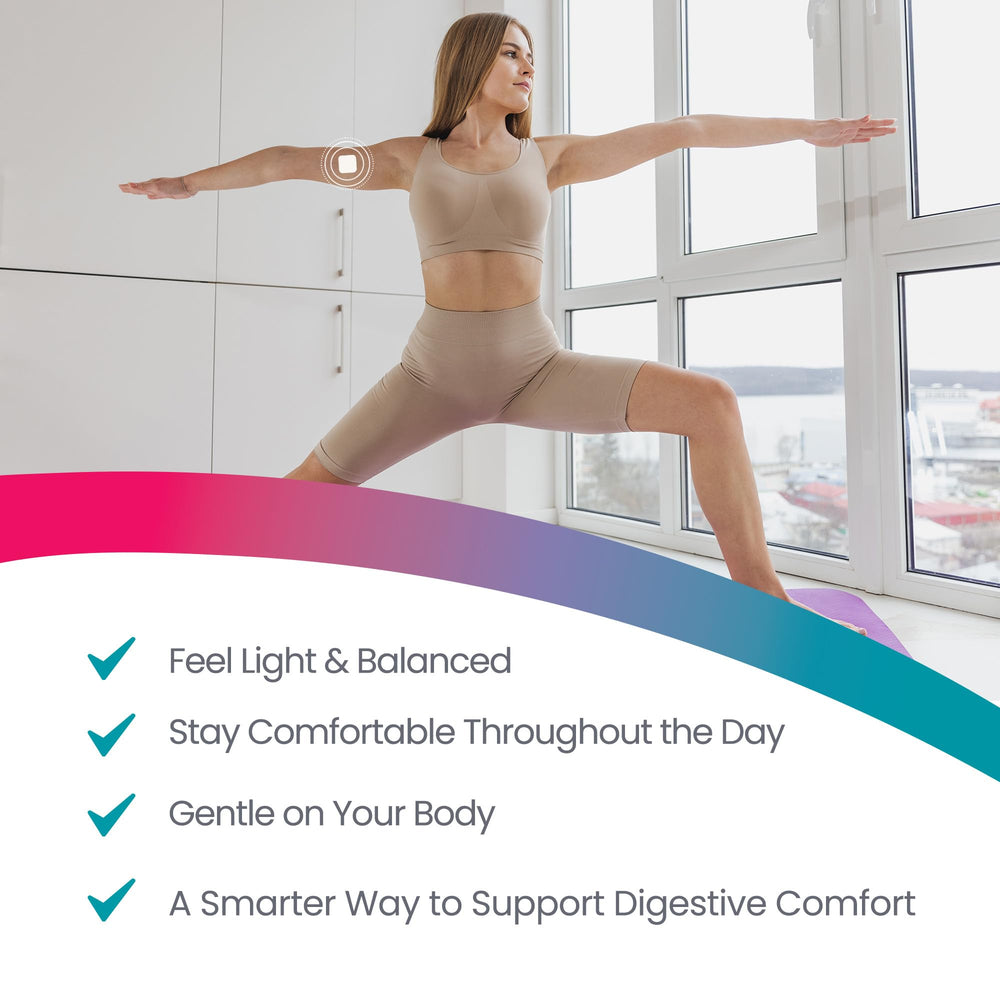 Healthogenics Debloat Patch on arm emphasizes comfortable, consistent relief during busy days.