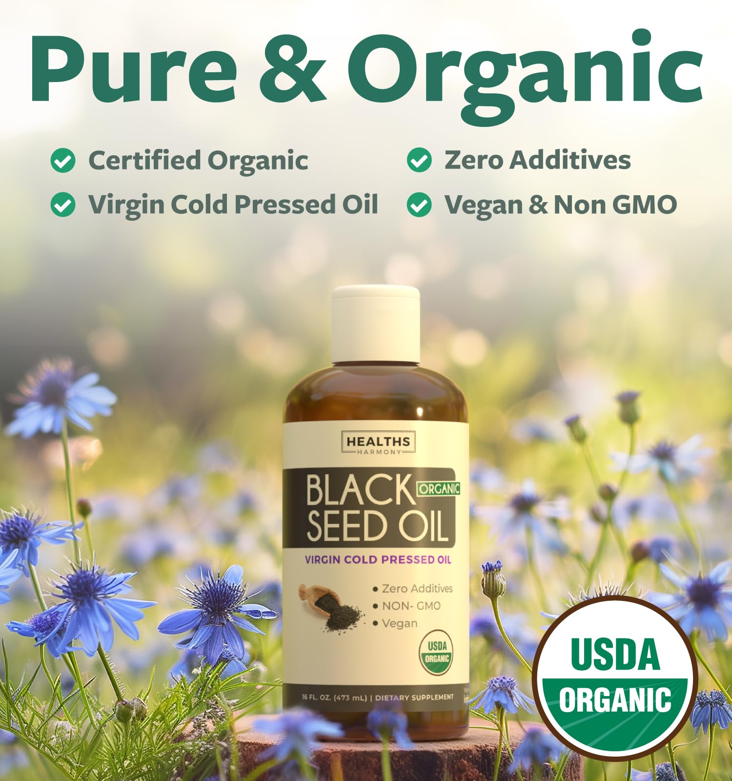 Healths Harmony black seed oil liquid bottle closeup highlights pure organic quality.