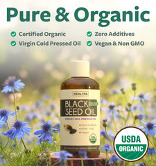 Healths Harmony black seed oil liquid bottle closeup highlights pure organic quality.