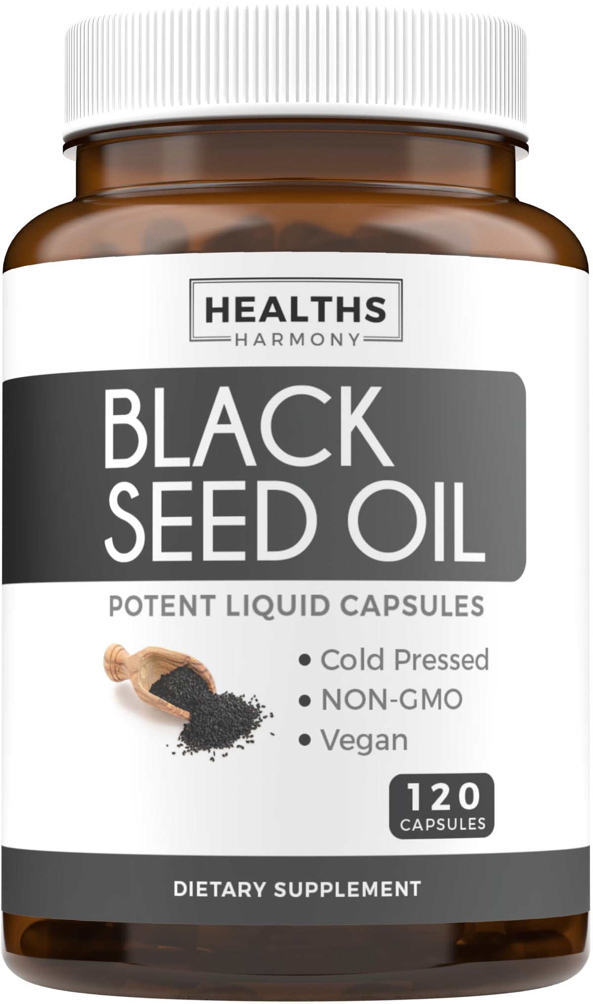 Healths Harmony black seed oil softgel bottle with easy daily capsules.