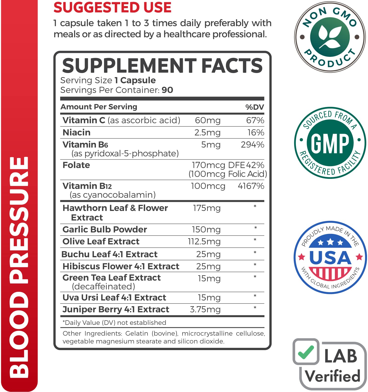 Healths Harmony Blood Pressure Support bottle back label highlights non-GMO formula