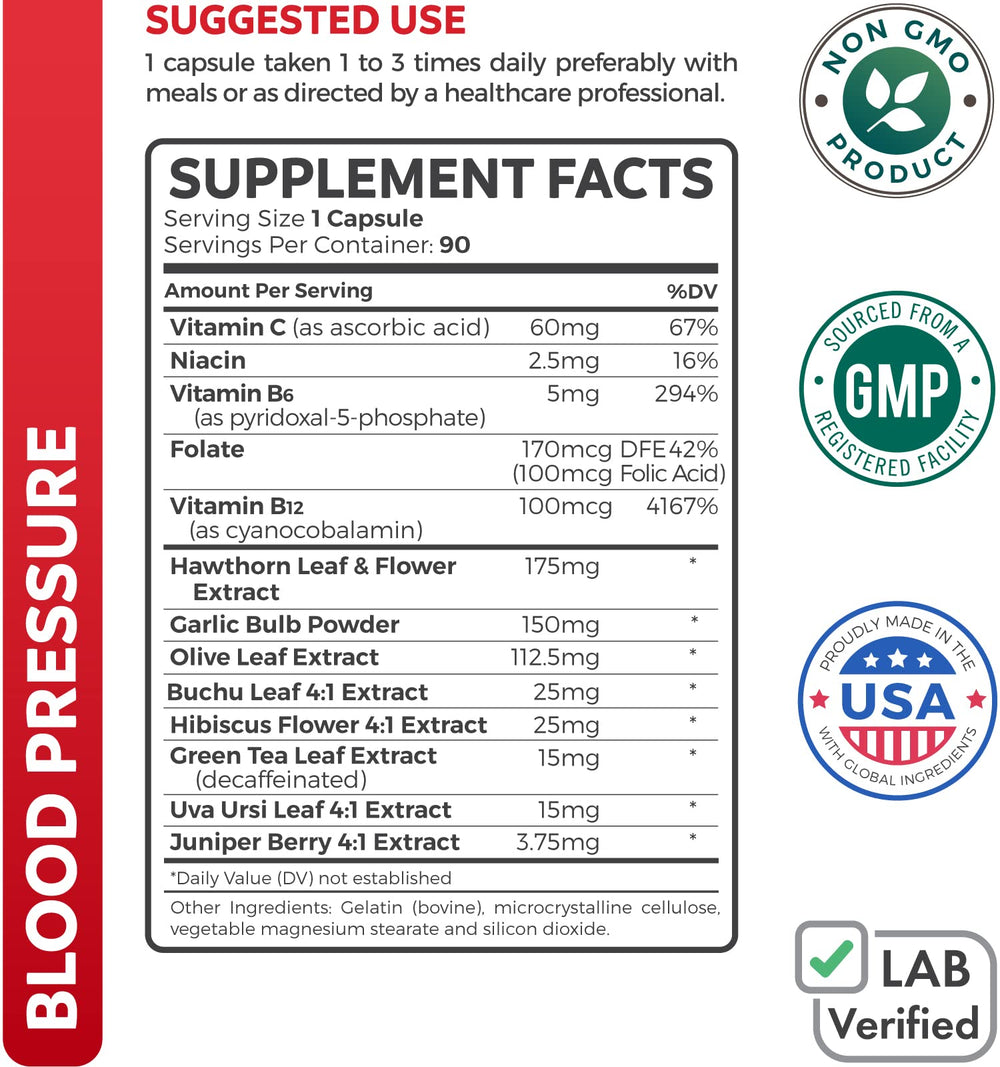 Healths Harmony Blood Pressure Support bottle back label highlights non-GMO formula