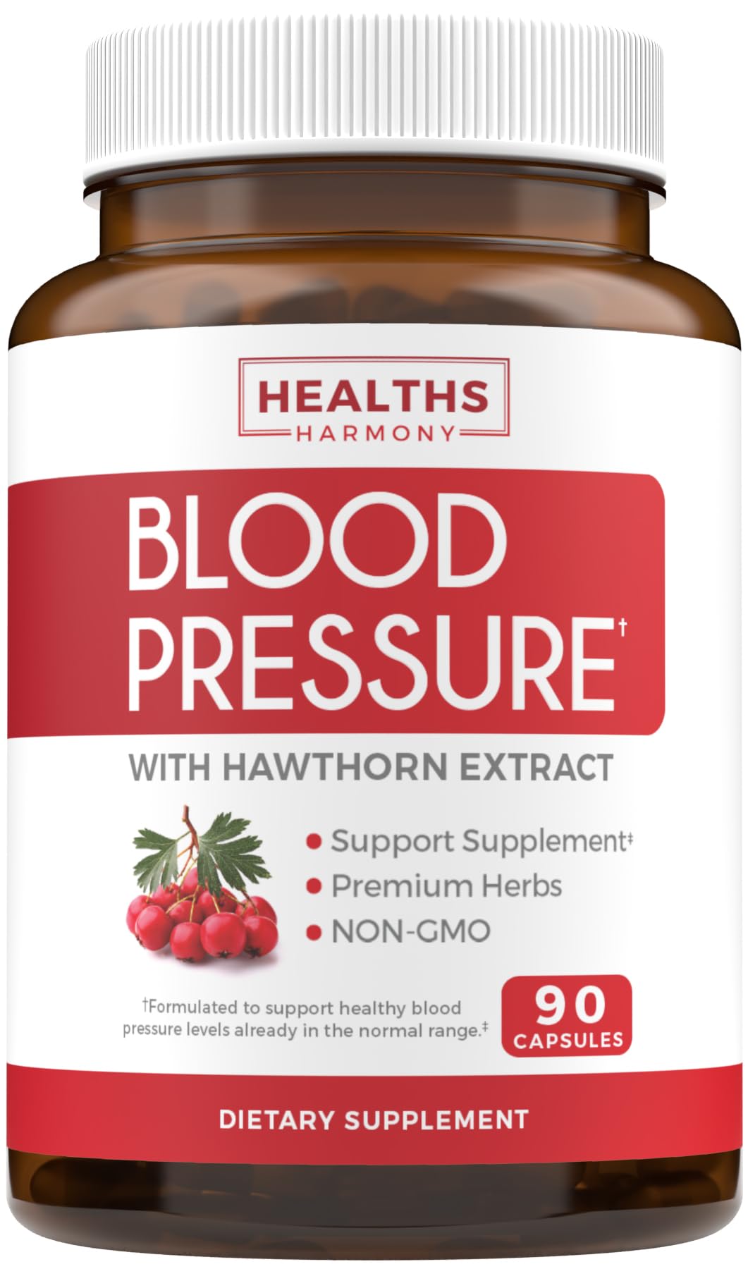 Healths Harmony Blood Pressure Support bottle front shows premium herbal blend for daily wellness
