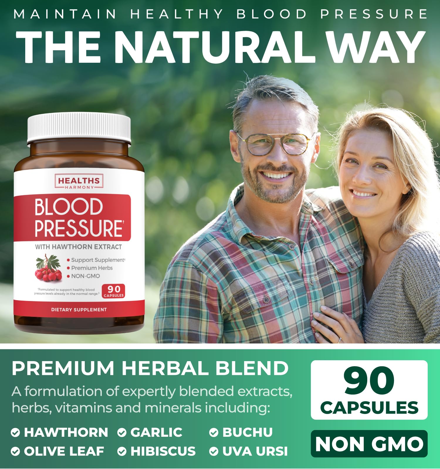 Healths Harmony Blood Pressure Support bottle side view with dosage guidance