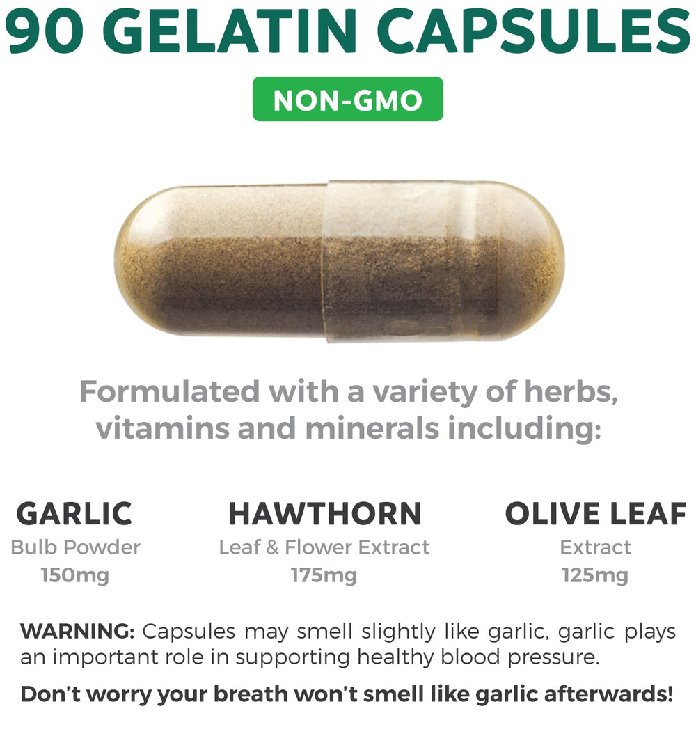 Healths Harmony Blood Pressure Support capsules close-up highlights hawthorn and vitamins