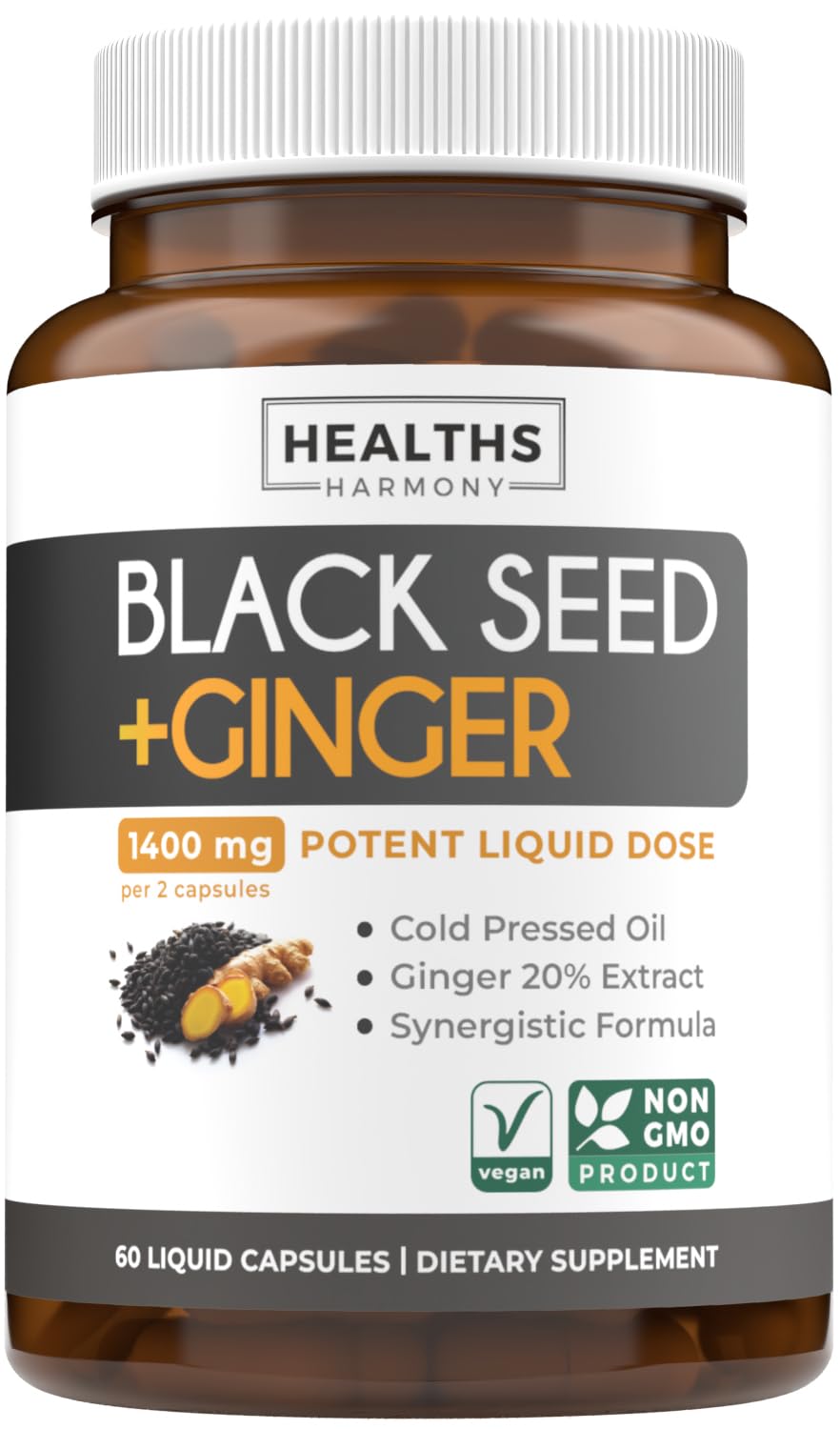 Healths Harmony bottle of black seed oil capsules for daily wellness support.