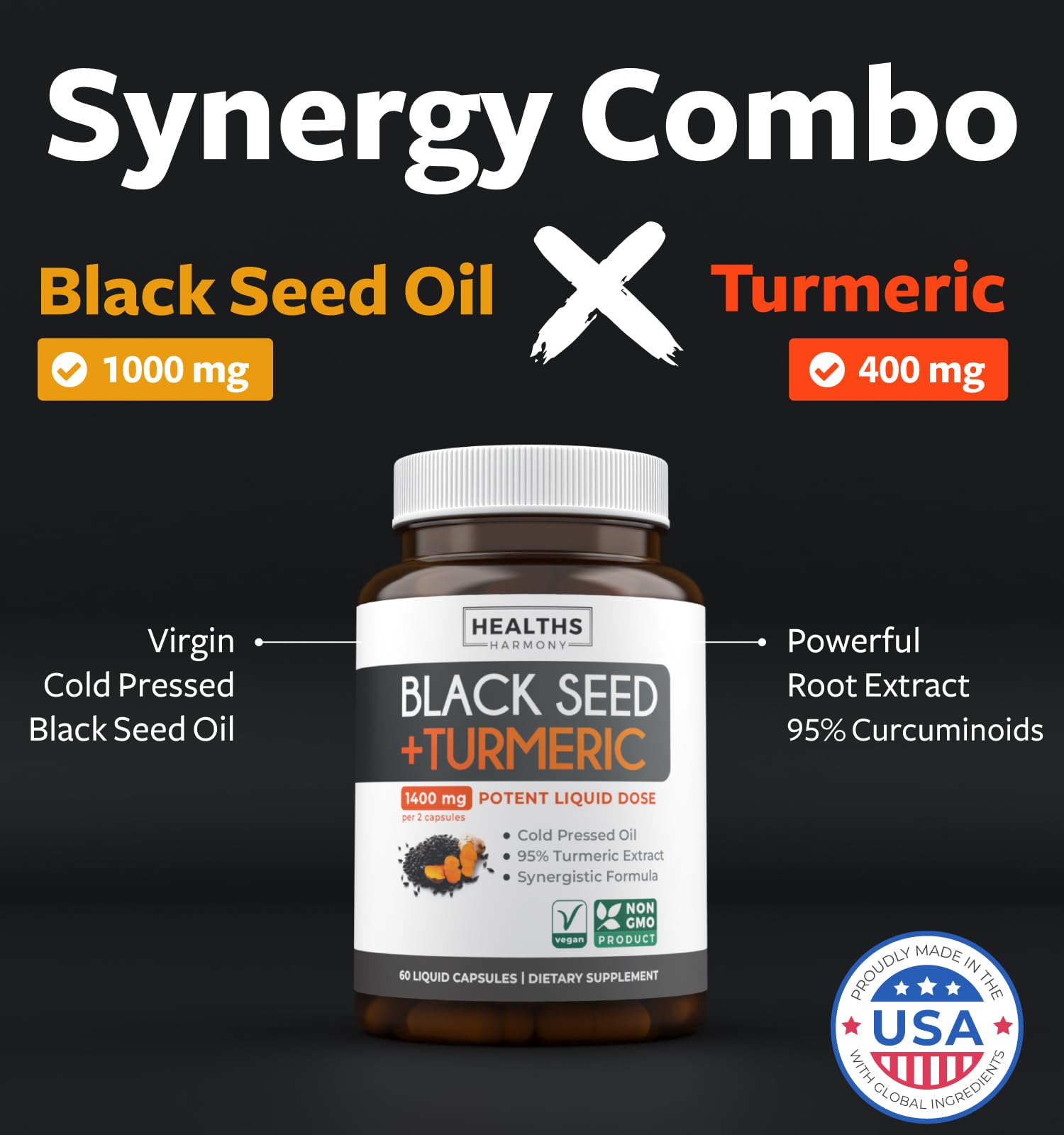 Healths Harmony capsules closeup highlighting vegan non GMO formula and turmeric blend for balanced wellness