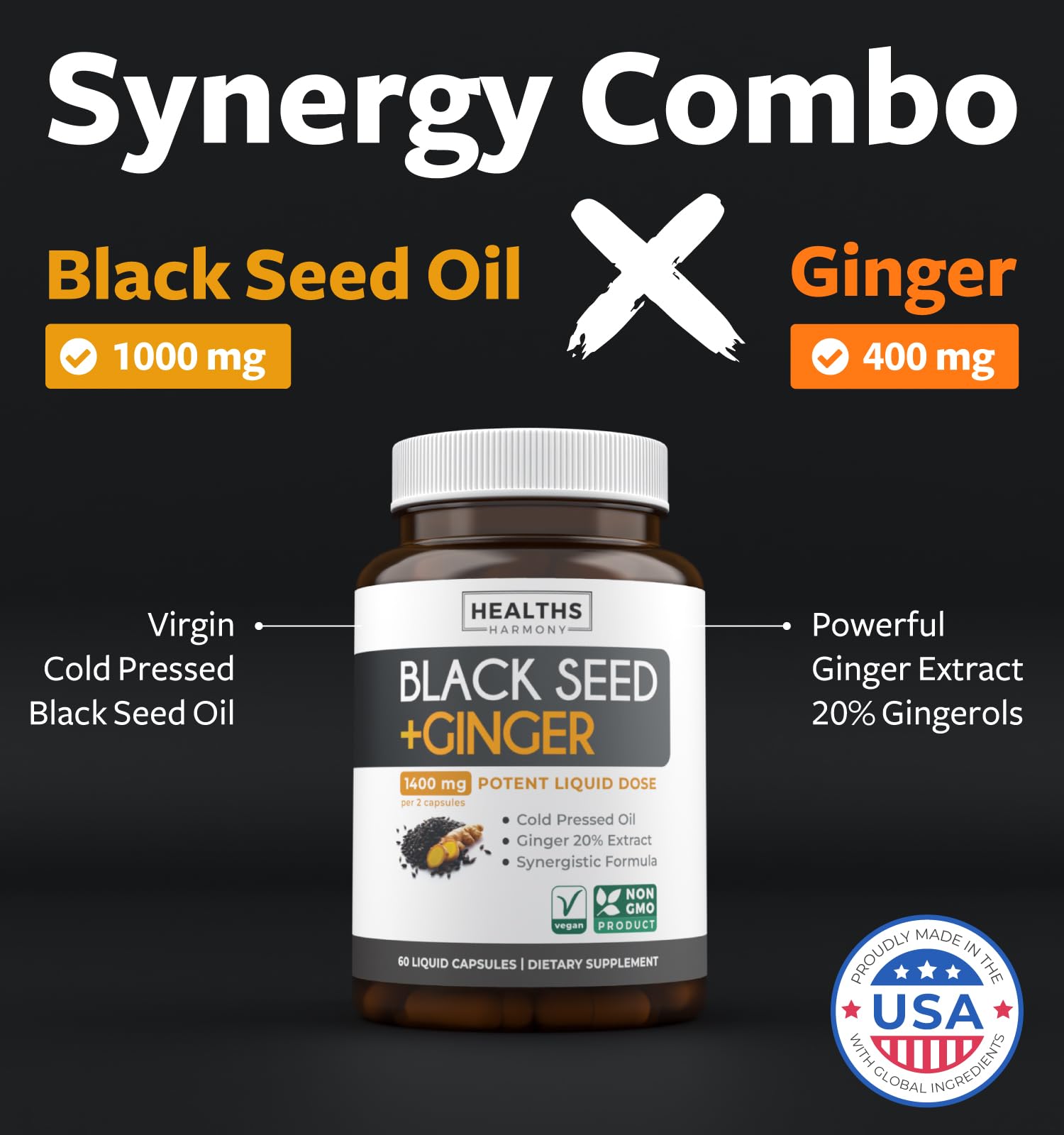 Healths Harmony ginger extract capsules close-up for digestion support.