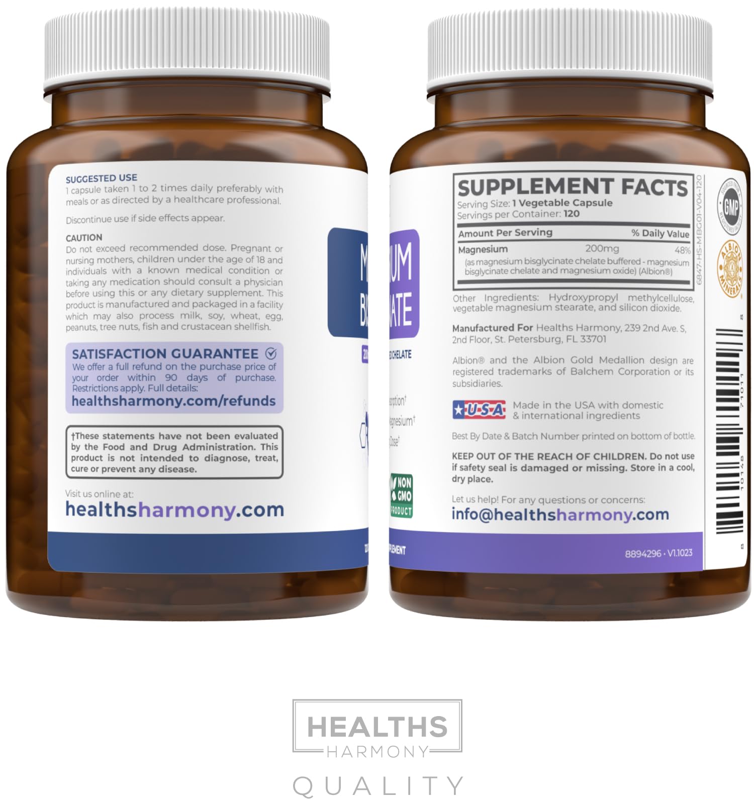 Healths Harmony vegan magnesium bisglycinate emphasizes gentle tolerance for daily wellness.