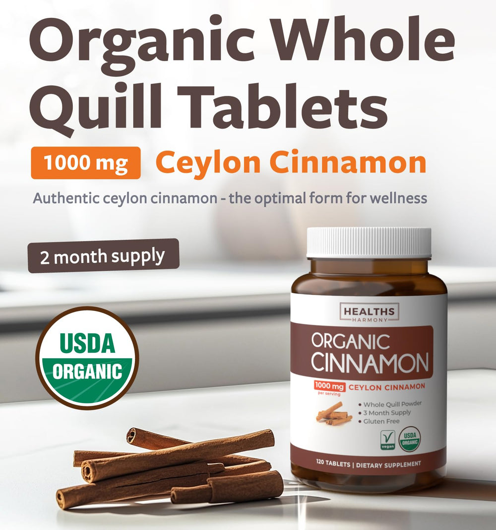Close-up of Healths Harmony bottle highlighting true Ceylon cinnamon pills and high potency.