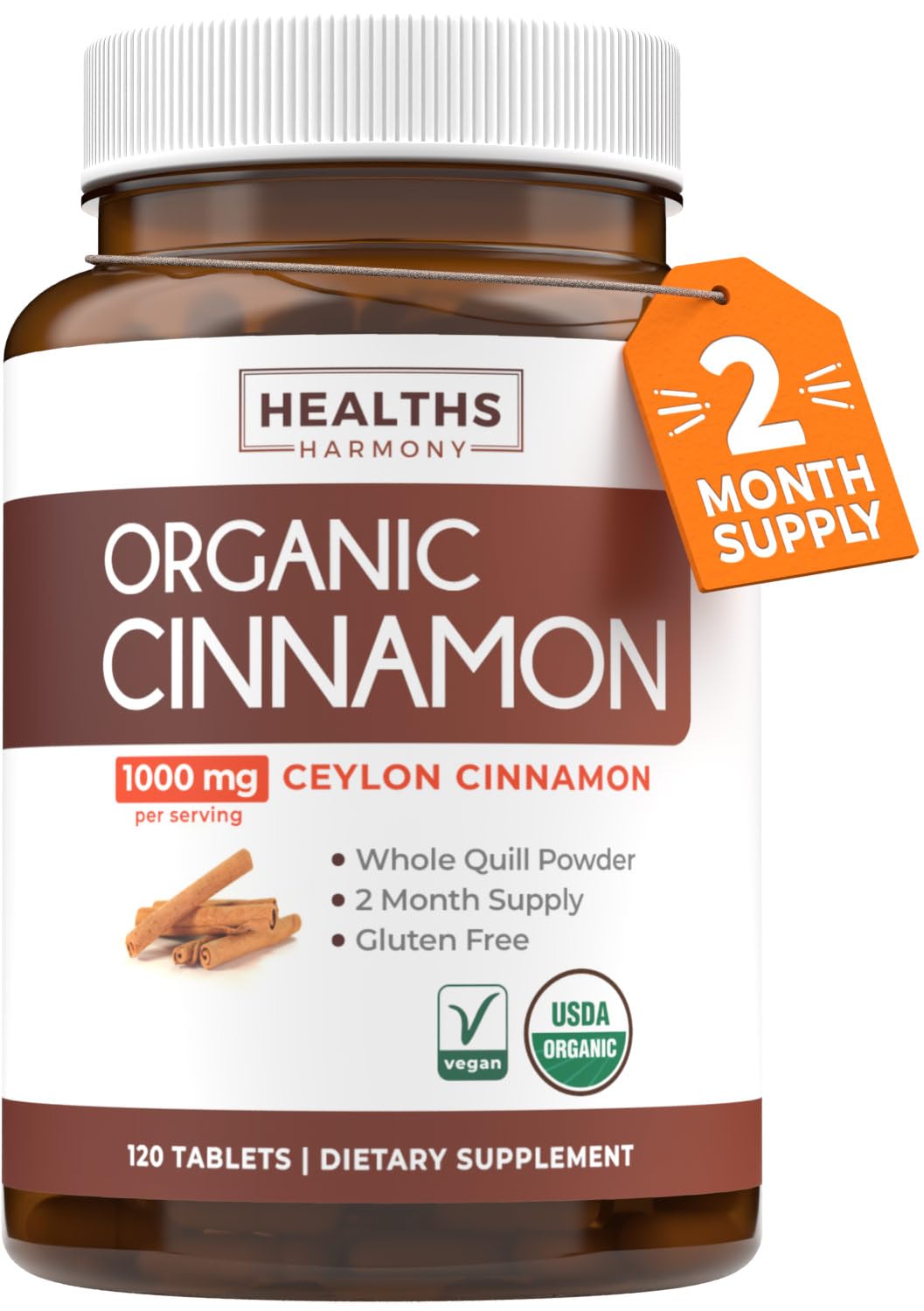 Healths Harmony Ceylon Cinnamon pills bottle, premium organic supplement for daily antioxidant support.