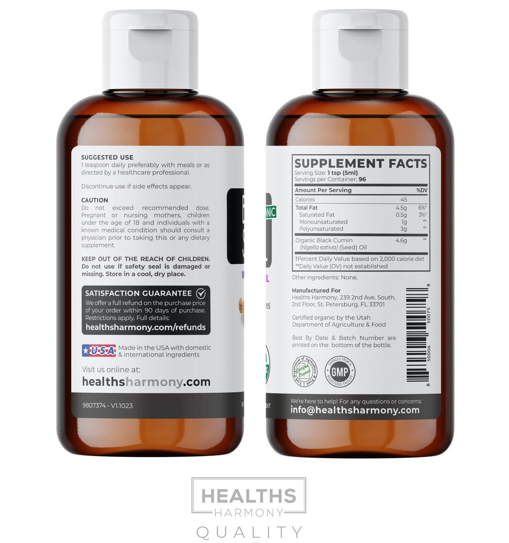 Healths Harmony kalonji oil visual evokes ancient wisdom and versatile use.
