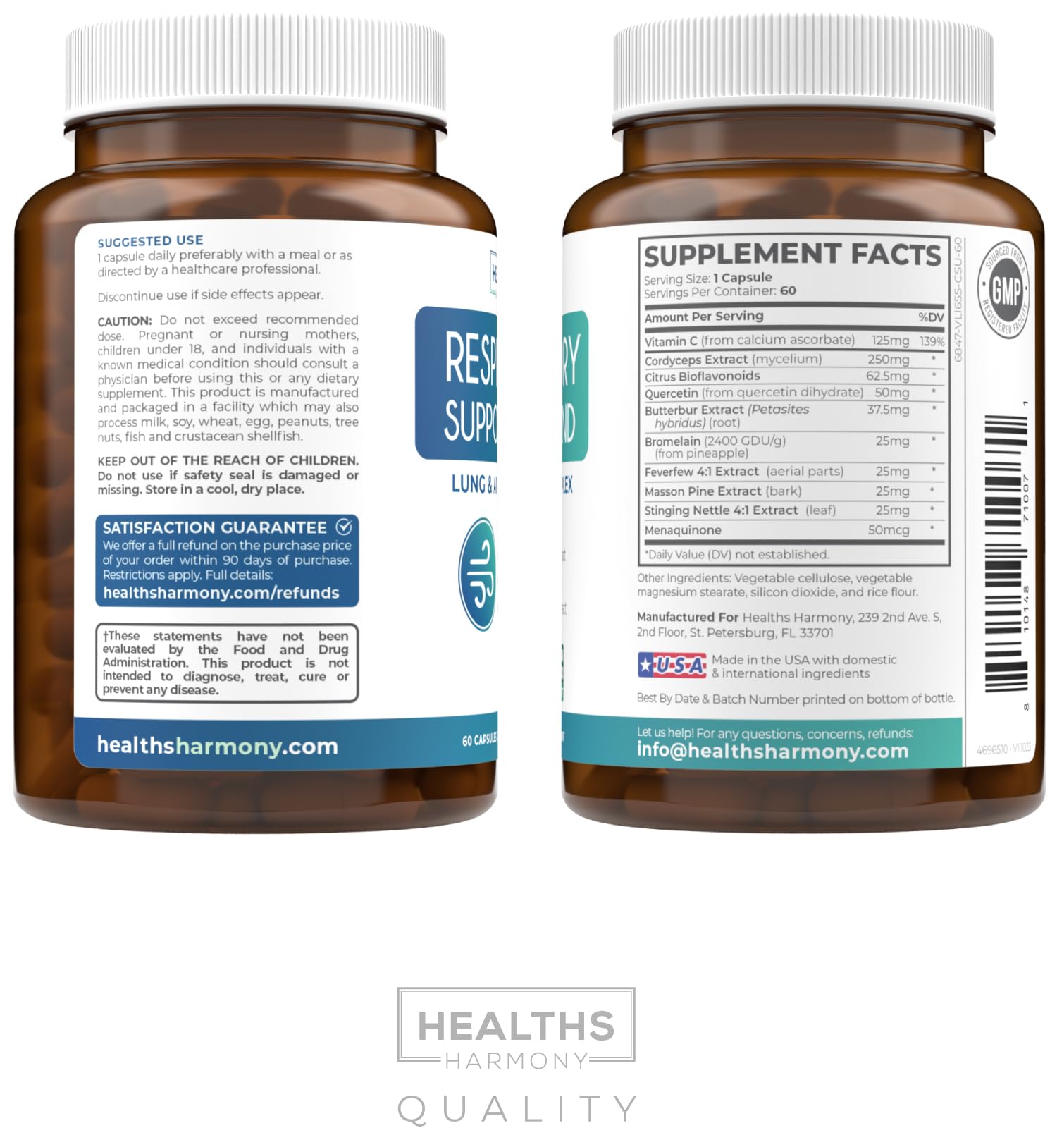 Healths Harmony label closeup confirms vegan, non-GMO promise for mindful lungs.