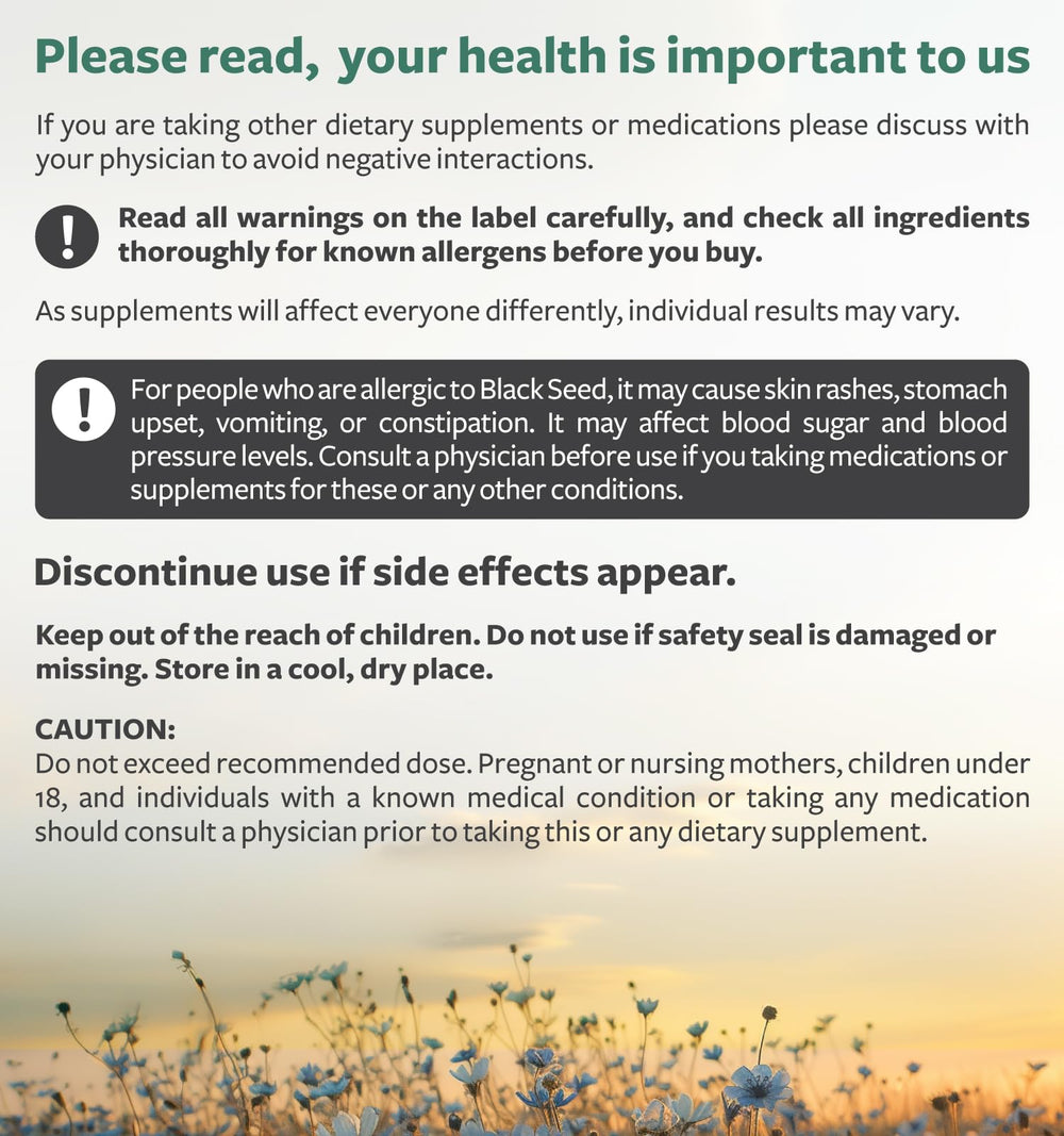Healths Harmony bottle label closeup noting seed allergy information for cautious use