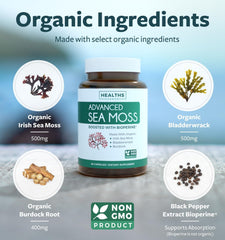 Healths Harmony cápsulas musgo de mar orgánico, botella lateral, formato conveniente para el día a día