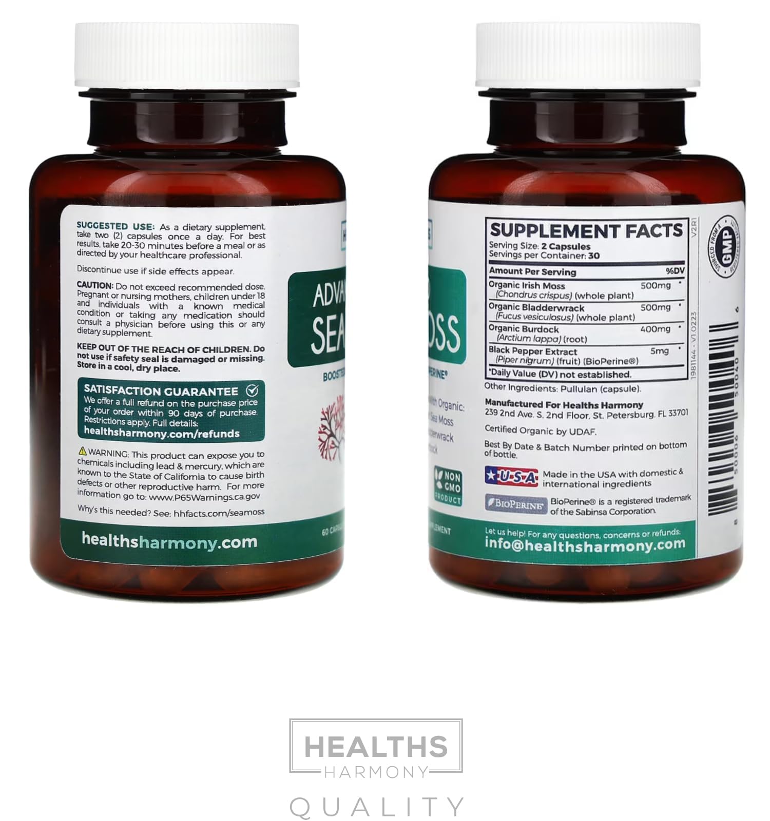 Healths Harmony cápsulas musgo de mar orgánico, ingredientes clave listados y perfil nutricional