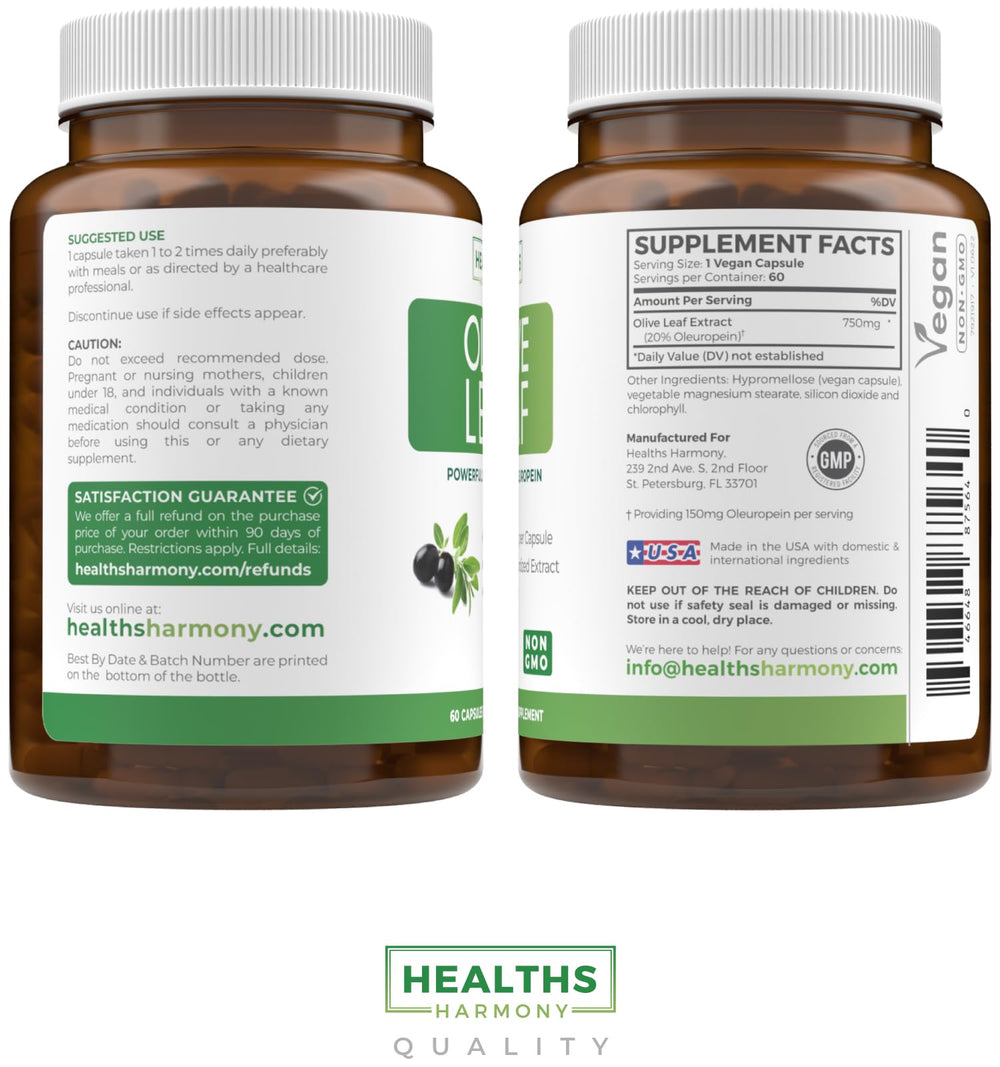 Illustration of olive trees and non-GMO sourcing behind Healths Harmony label.