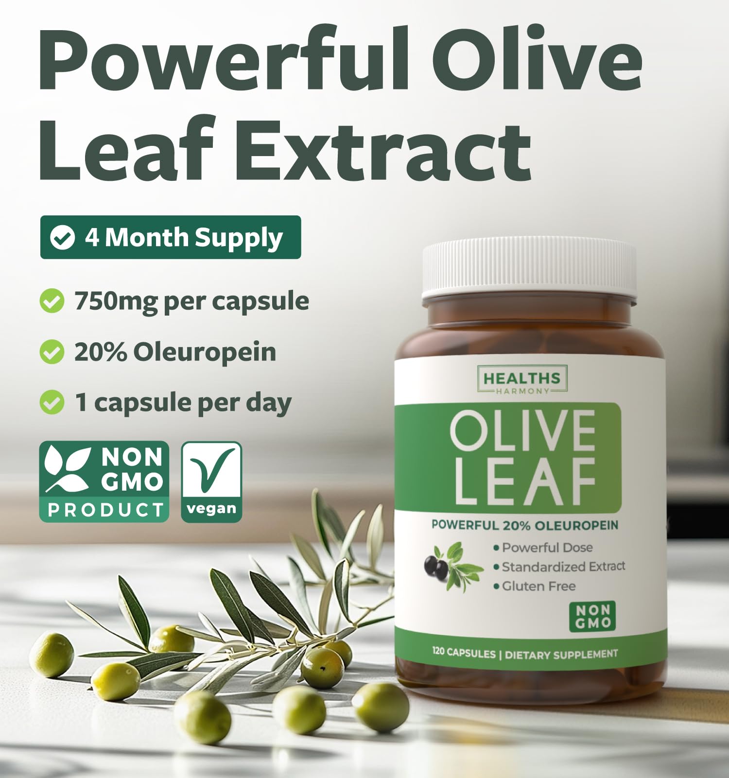 Healths Harmony olive leaf extract bottle front showing 750mg potency and oleuropein content.