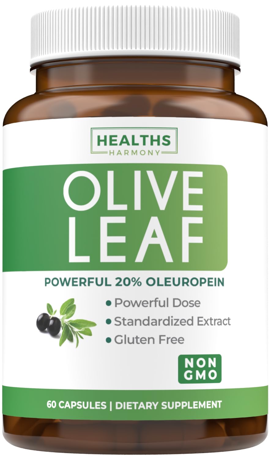 Healths Harmony olive leaf extract bottle and capsules for daily immune support.