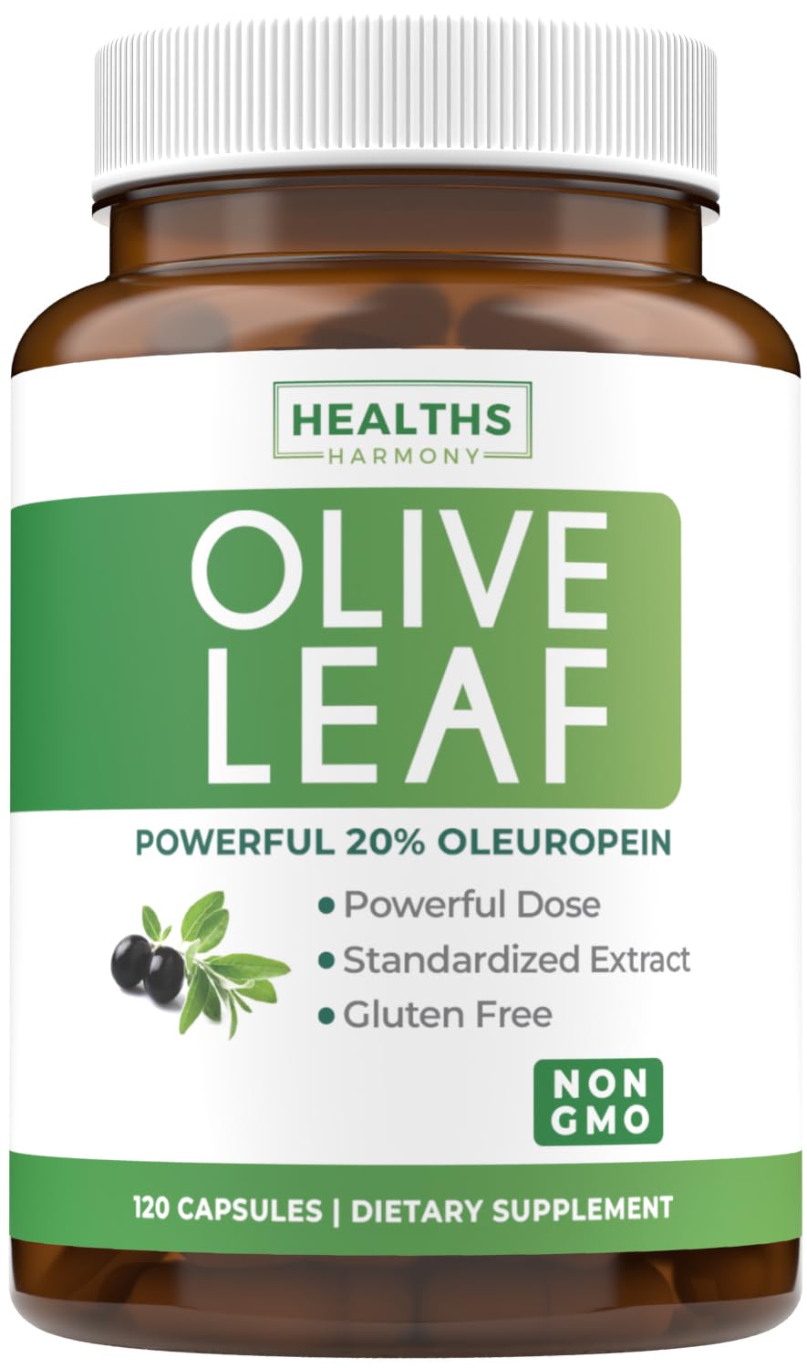 Healths Harmony olive leaf extract capsules packaging showing non-GMO vegan formula for daily wellness.