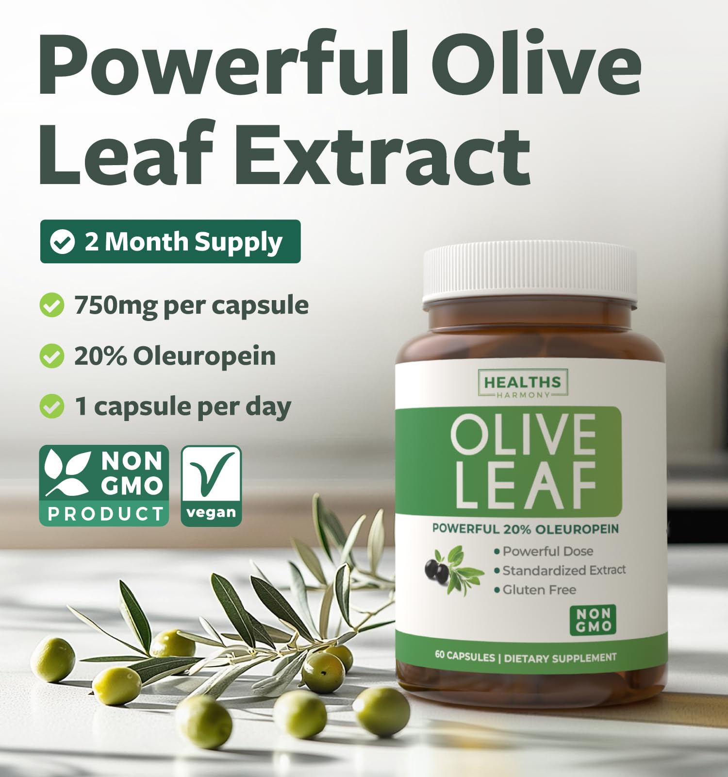 Healths Harmony olive leaf capsules packaging emphasizes 750mg extract and oleuropein content.