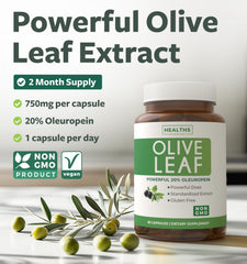 Healths Harmony olive leaf capsules packaging emphasizes 750mg extract and oleuropein content.