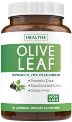 Healths Harmony olive leaf extract capsules packaging showing non-GMO vegan formula for daily wellness.