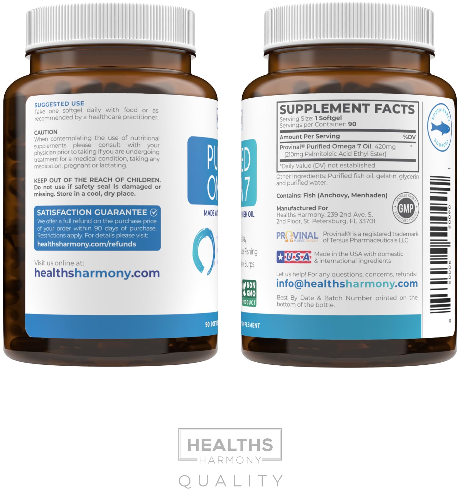 Healths Harmony Omega 7 packaging box emphasizes sustainable and pure formulation
