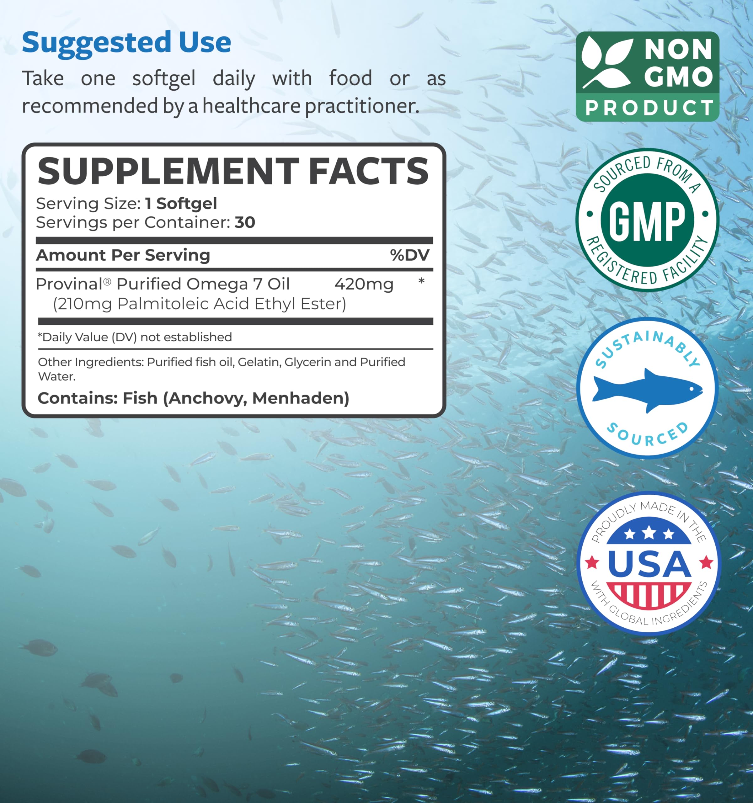 Healths Harmony Omega 7 Peruvian anchovy source label emphasizes sustainability