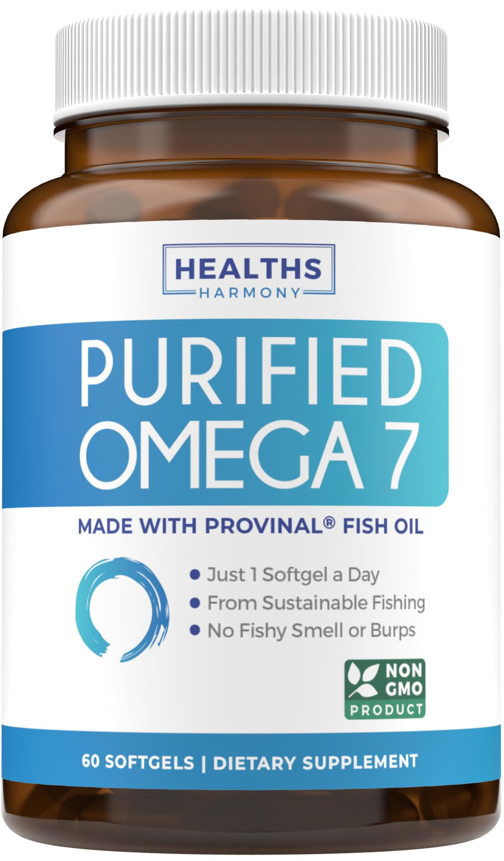Healths Harmony Omega 7 purified oil bottle shows clean formulation for daily wellness