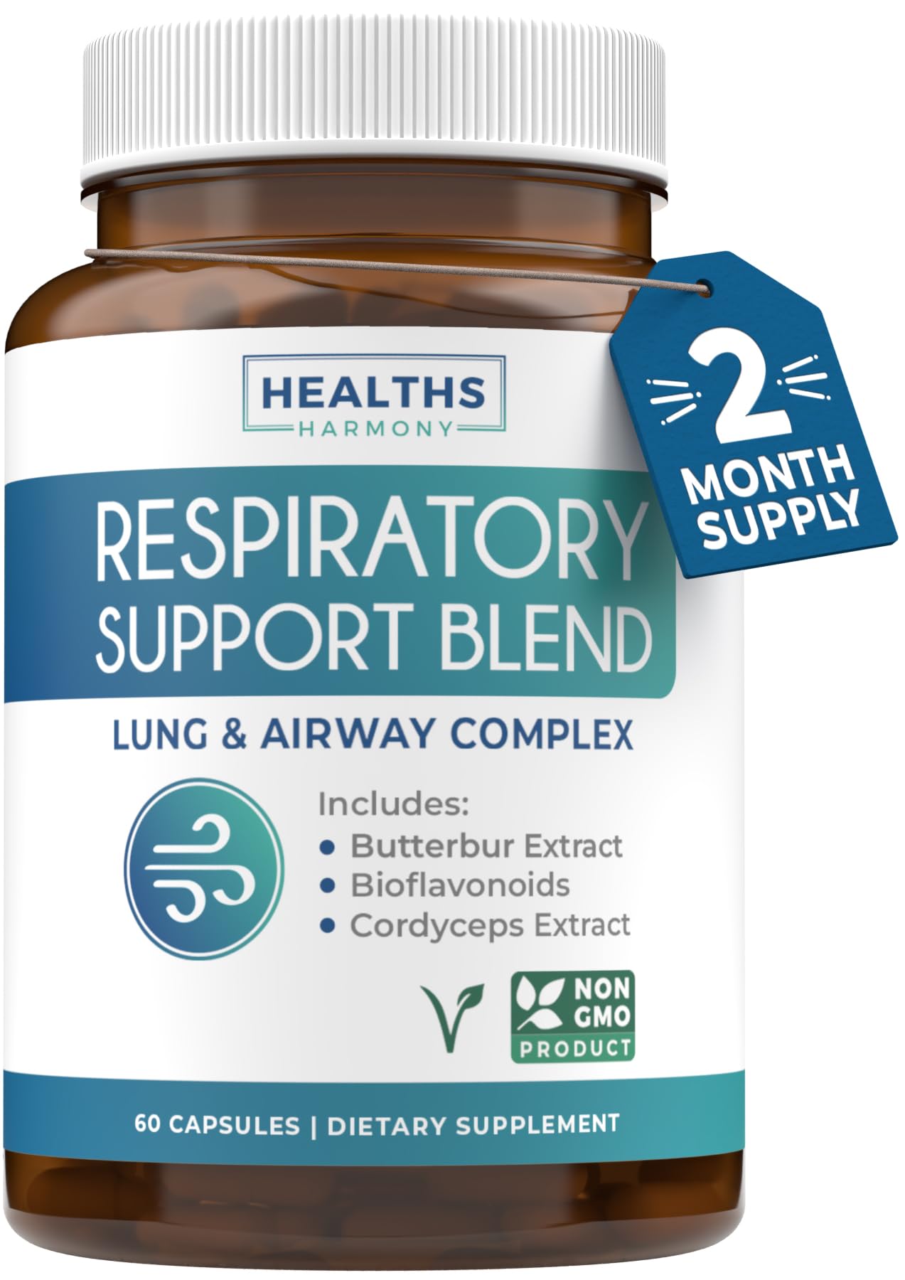 Healths Harmony Respiratory bottle closeup highlighting lung support and clear airways.