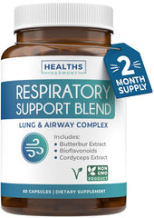 Healths Harmony Respiratory bottle closeup highlighting lung support and clear airways.