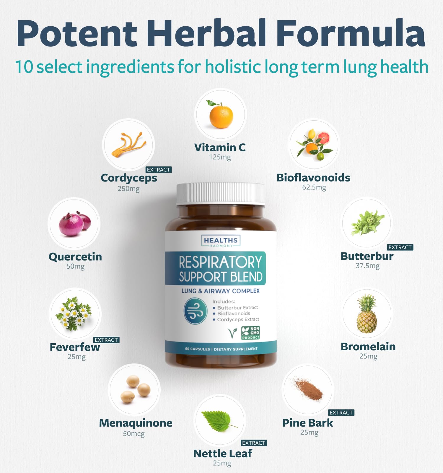 Healths Harmony capsules on a clean table suggest daily lung support routine.