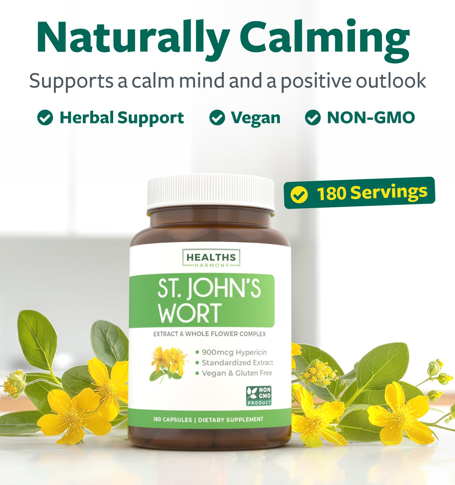 Close-up of Healths Harmony bottle front showing vegan and non-GMO labels.