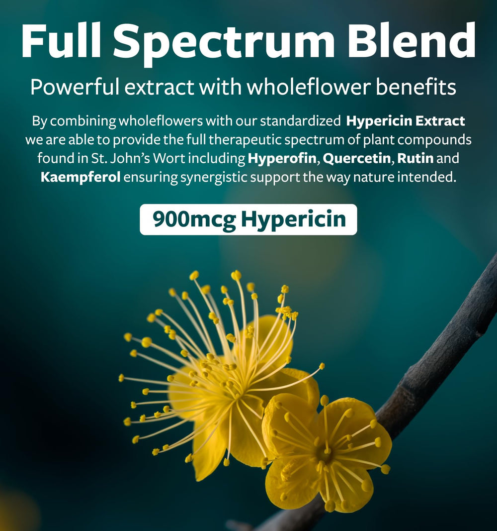 Healths Harmony St John's Wort capsules label highlights potency and ingredients.