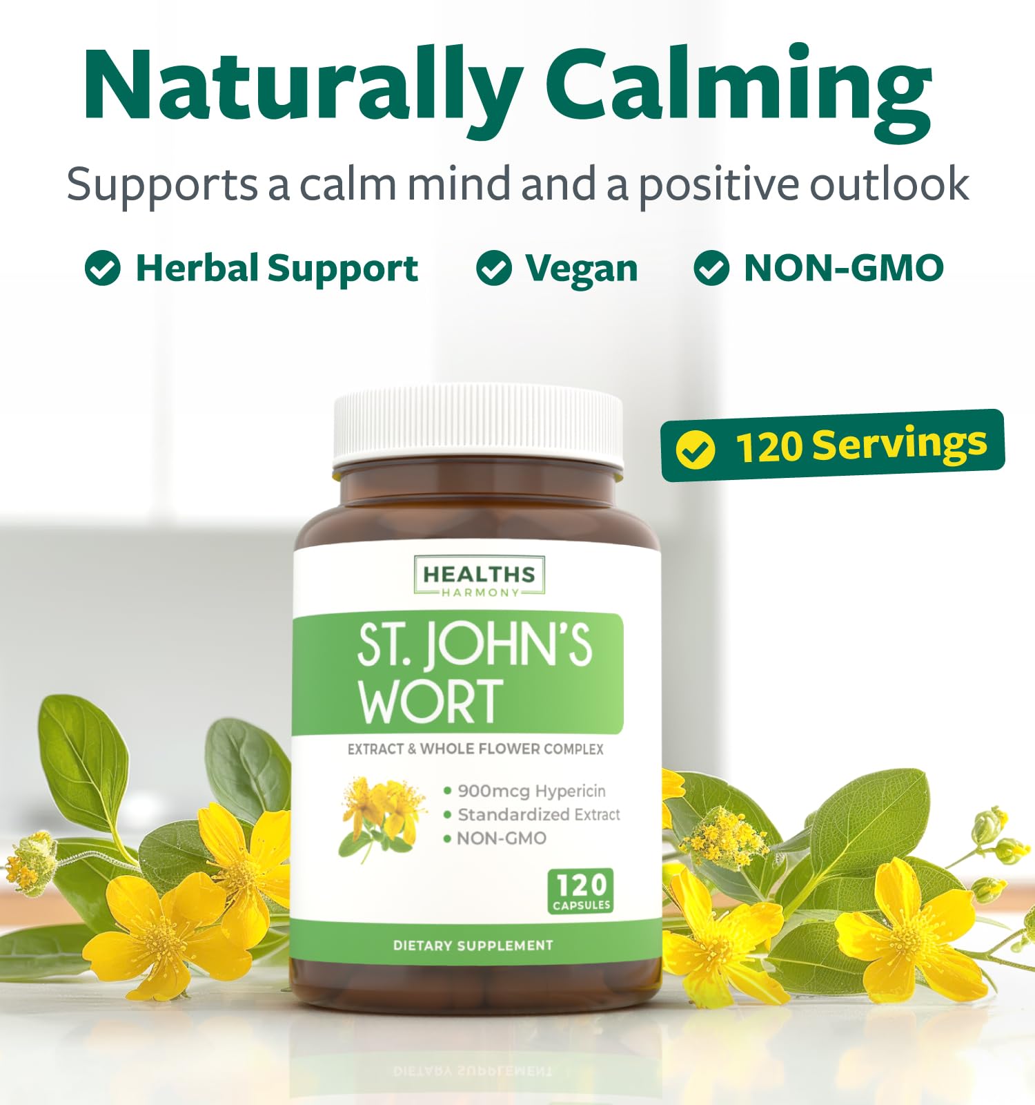 Pouring Healths Harmony St John's Wort capsules suggests simple daily routine.