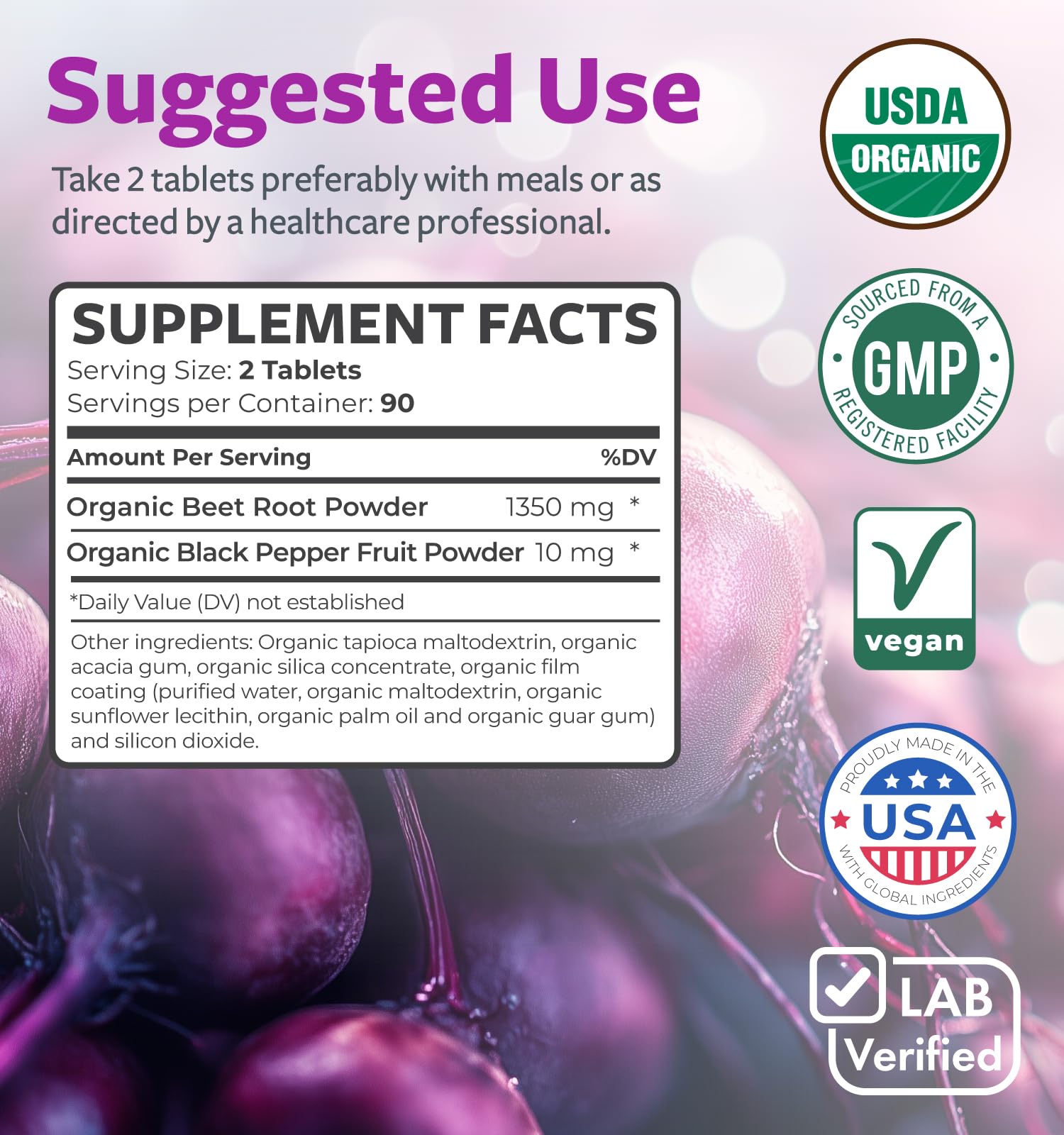 Healths Harmony organic beets label closeup showing USDA Organic and non-GMO status.