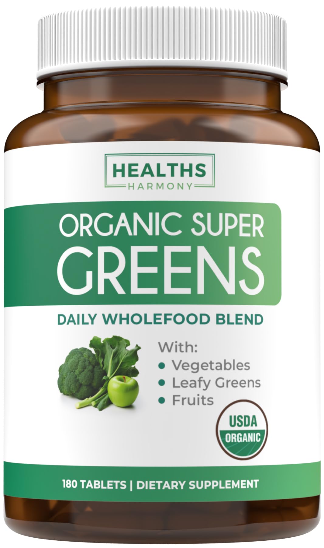 Healths Harmony USDA Organic Super Greens tablets in a bottle for daily nutrition.