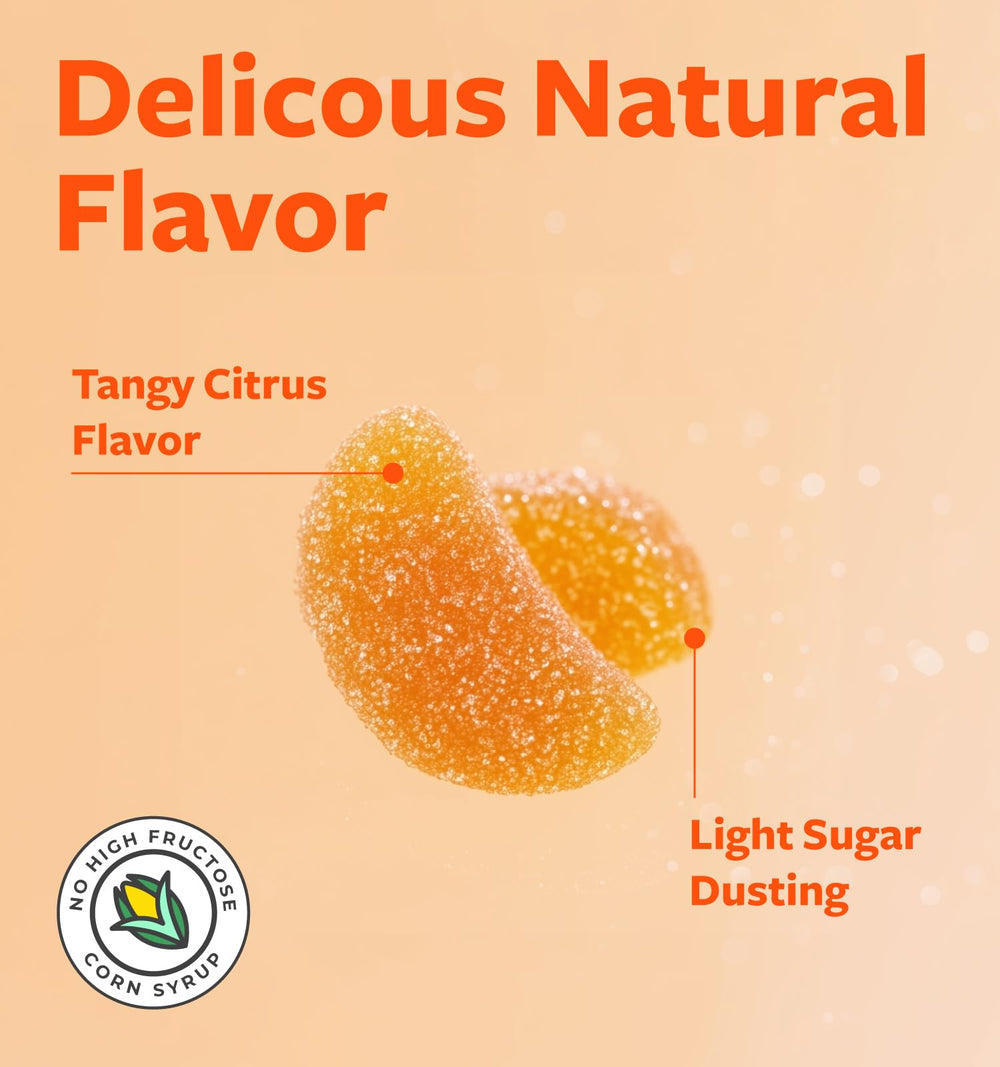 Healths Harmony orange-flavored gummies close-up highlighting chewy texture