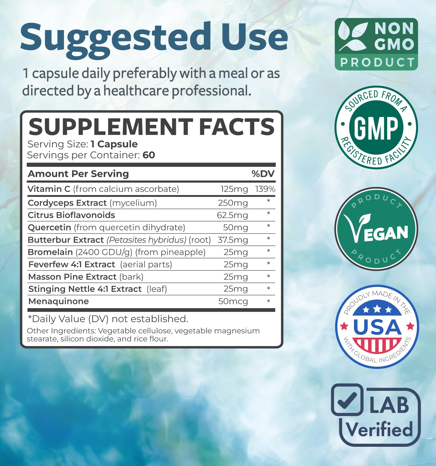 Healths Harmony vitamin C and butterbur details hint at immune-friendly respiratory support.