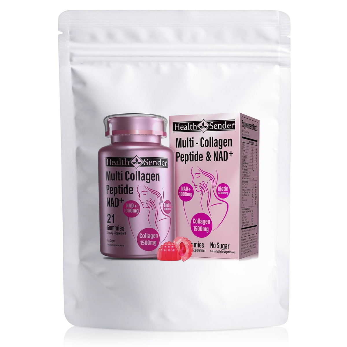 HealthSender Collagen Gummies bottle front showing sugar-free formula and daily use potential