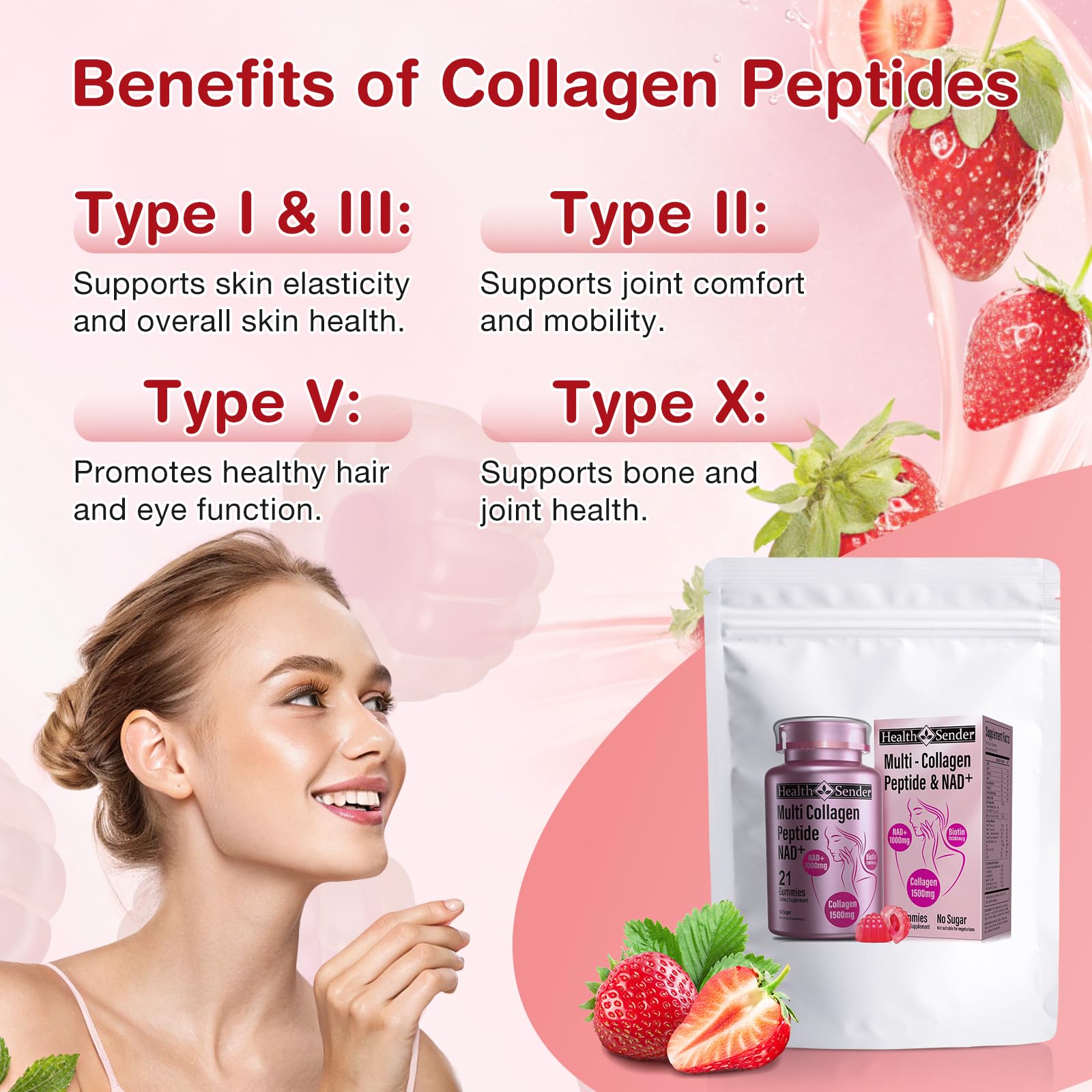 HealthSender Collagen Gummies ingredients label highlighting hydrolyzed collagen types I–X