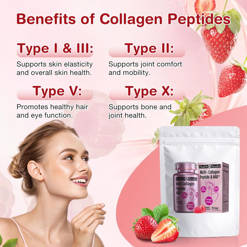 HealthSender Collagen Gummies ingredients label highlighting hydrolyzed collagen types I–X