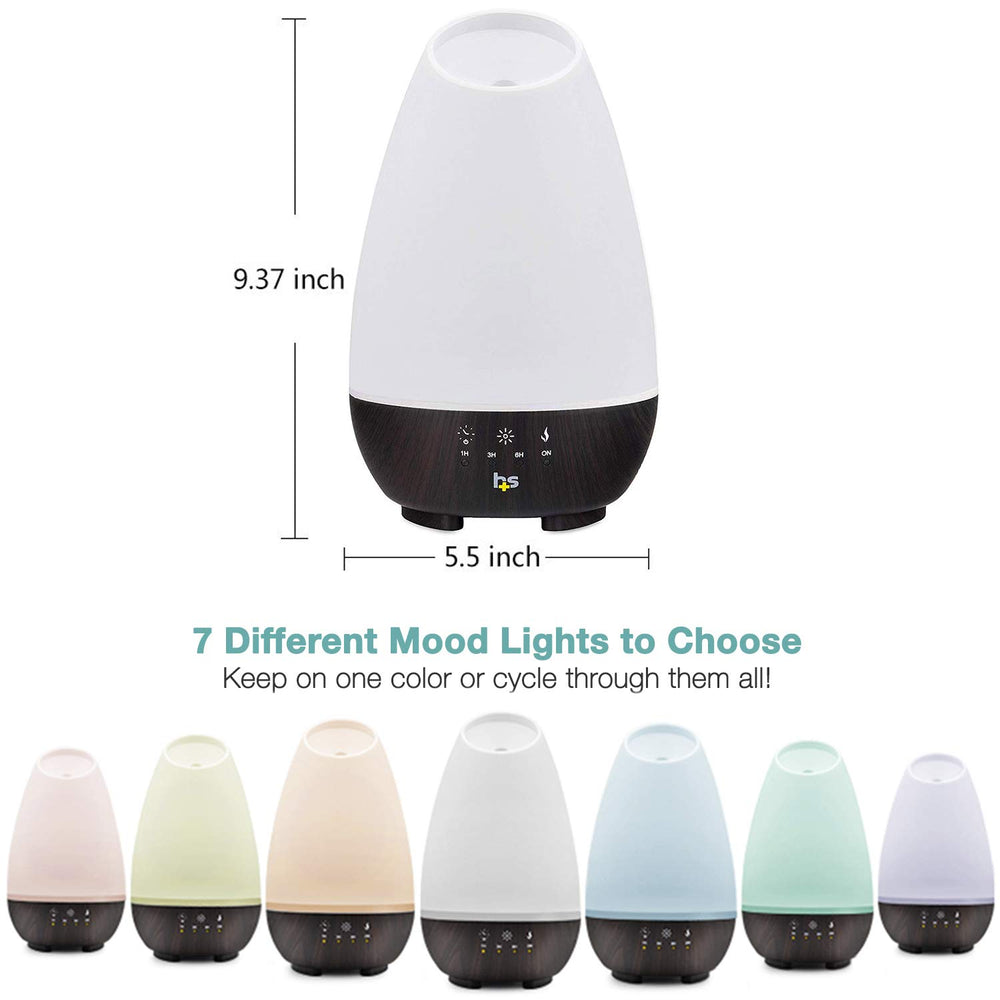 HealthSmart diffuser with wood-grain base complements modern living room decor.