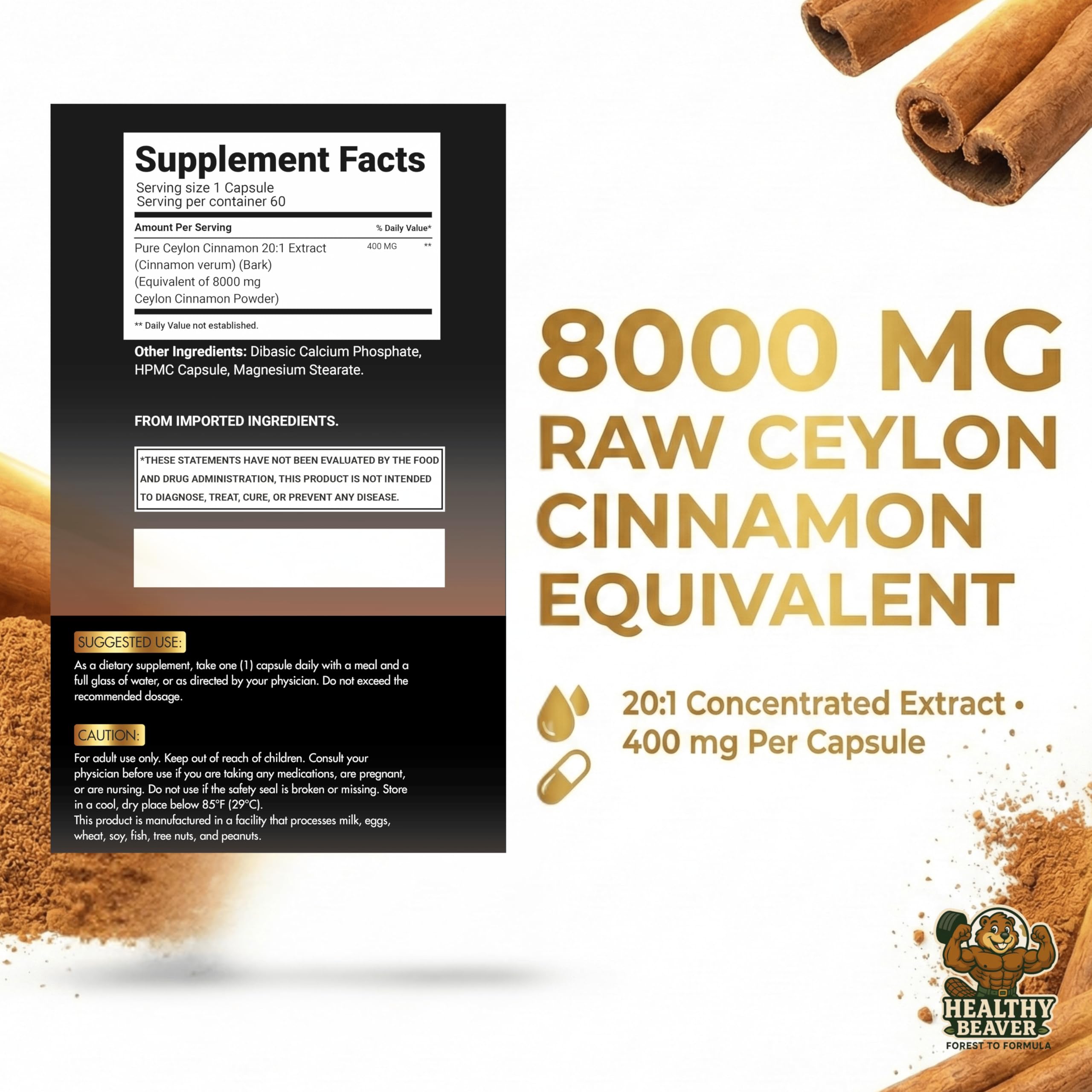 Healthy Beaver Ceylon Cinnamon bottle label emphasizing potency.