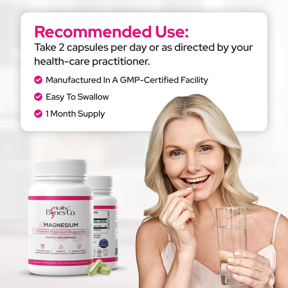 Healthy Bones Co. dosage graphic indicates two capsules per day for daily alignment.