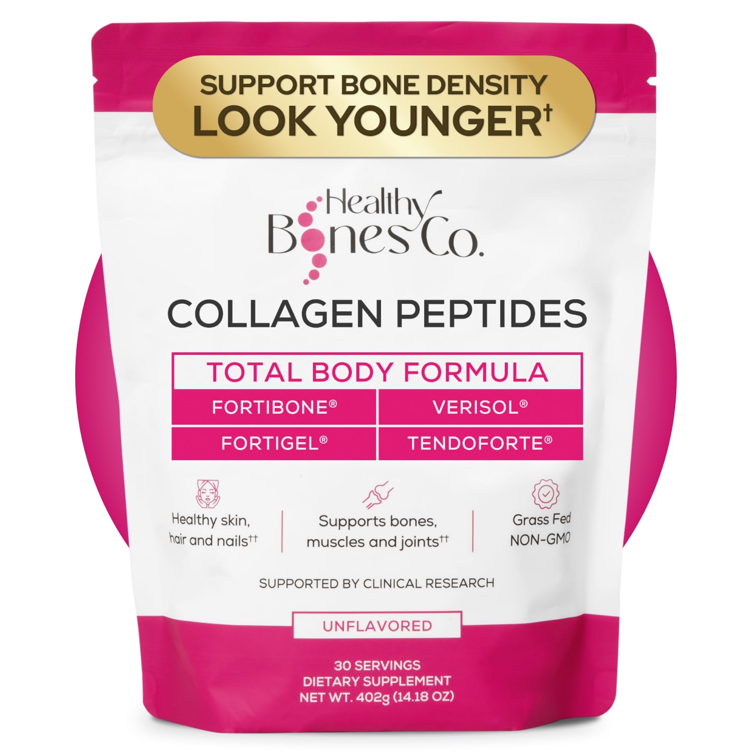 Healthy Bones Co. Fortibone bottle shows a premium collagen blend for bone and joint support
